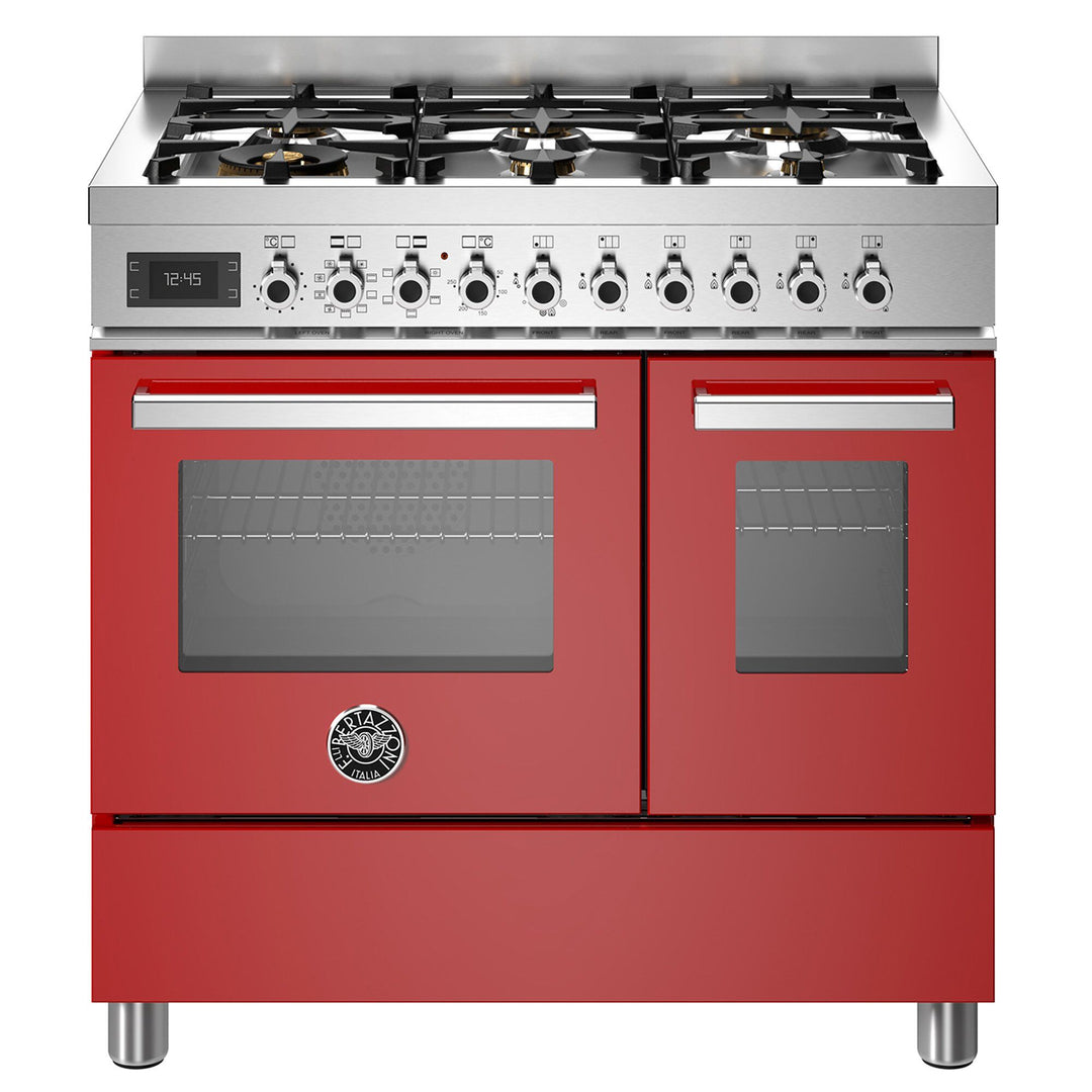 Bertazzoni Bertazzoni PRO96L2EROT Professional gaskomfur med dobbeltovn, 90 cm, rød – vinkelbillede (Gasblus)