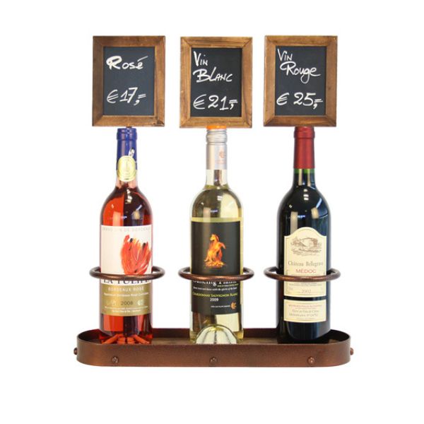 Produktbillede af Vinflaske Display 3 Flasker M. Tavle. 45 x 38.5cm på tilbud – premium kvalitet og detaljer