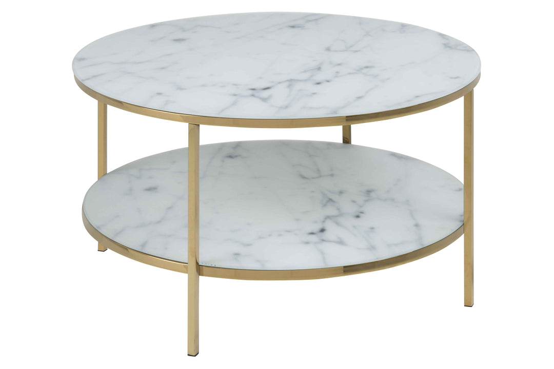 ACT NORDIC Alisma sofabord glas m. hvid marmorprint/guld metal rund Ø:80