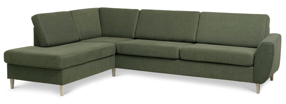 Wendy set 2 OE left sofa m. chaiselong vinter mosgrøn polyester stof og natur træ