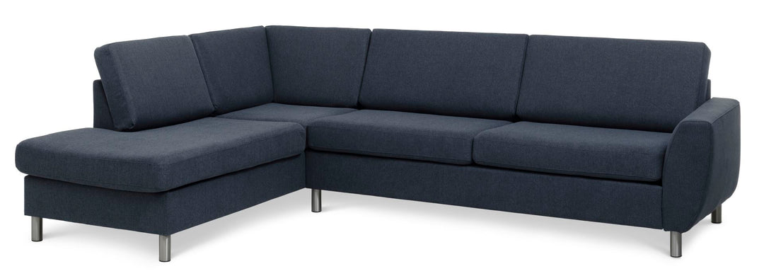 Wendy set 2 OE left sofa m. chaiselong blå polyester stof og børstet aluminium