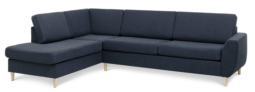 Wendy set 2 OE left sofa m. chaiselong blå polyester stof og natur træ