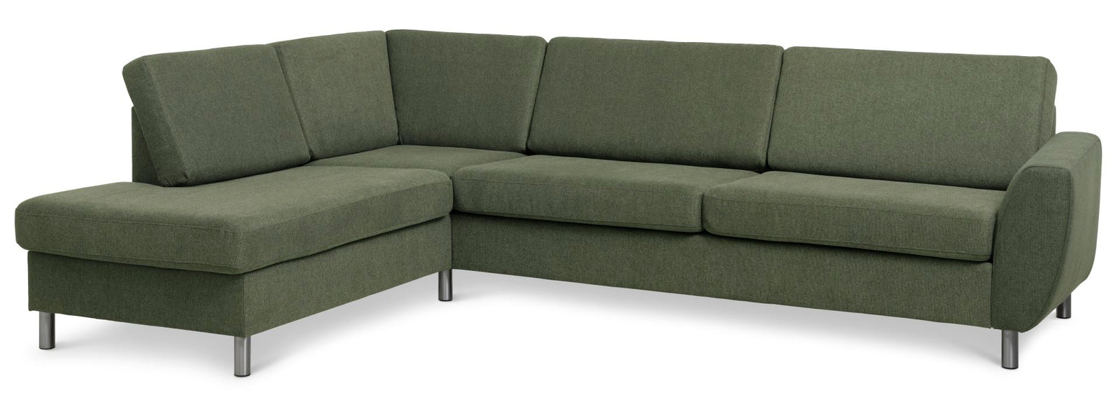 Produktbillede af Wendy set 2 OE left sofa m. chaiselong vinter mosgrøn polyester stof og børstet aluminium i premium kvalitet
