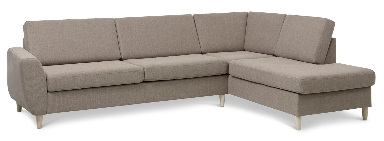 Produktbillede af Wendy set 3 OE right sofa m. chaiselong antelope beige polyester stof og natur træ i premium kvalitet