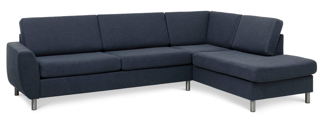 Wendy set 3 OE right sofa m. chaiselong blå polyester stof og børstet aluminium
