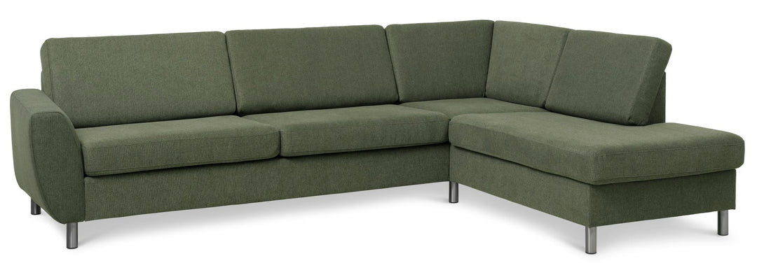 Produktbillede af Wendy set 3 OE right sofa m. chaiselong vinter mosgrøn polyester stof og børstet aluminium i premium kvalitet