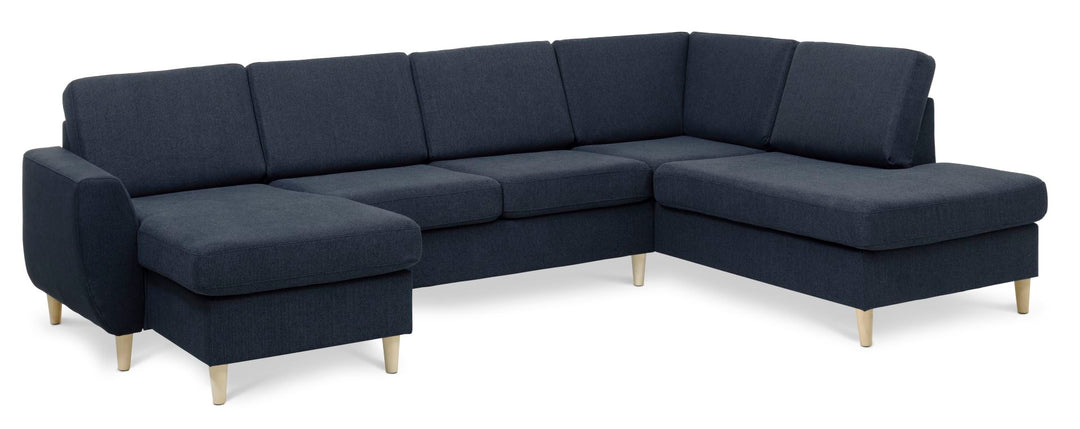 Wendy set 5 U OE right sofa m. chaiselong blå polyester stof og natur træ