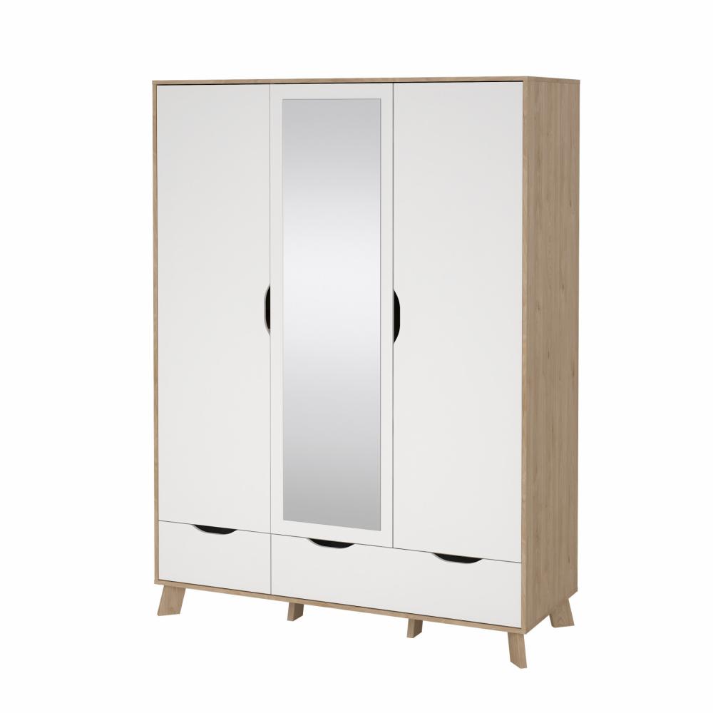 TVILUM Ikast Garderobeskab med 2 døre + 1 spejldør + 2 skuffer Jackson Hickory/Hvid 147,2 x 58,1 x 201 cm