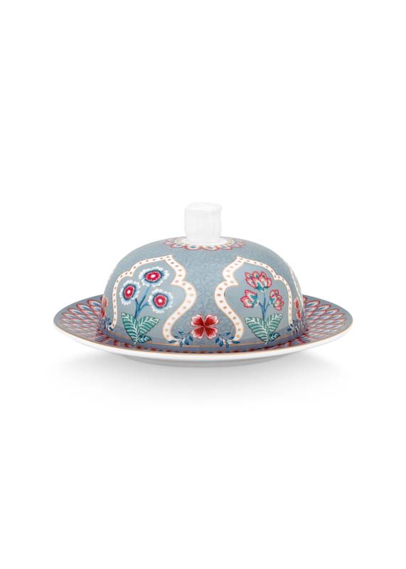 Produktbillede af Butter Dish Round Flower Festival Deco Light Blue 17x8cm på tilbud i høj kvalitet