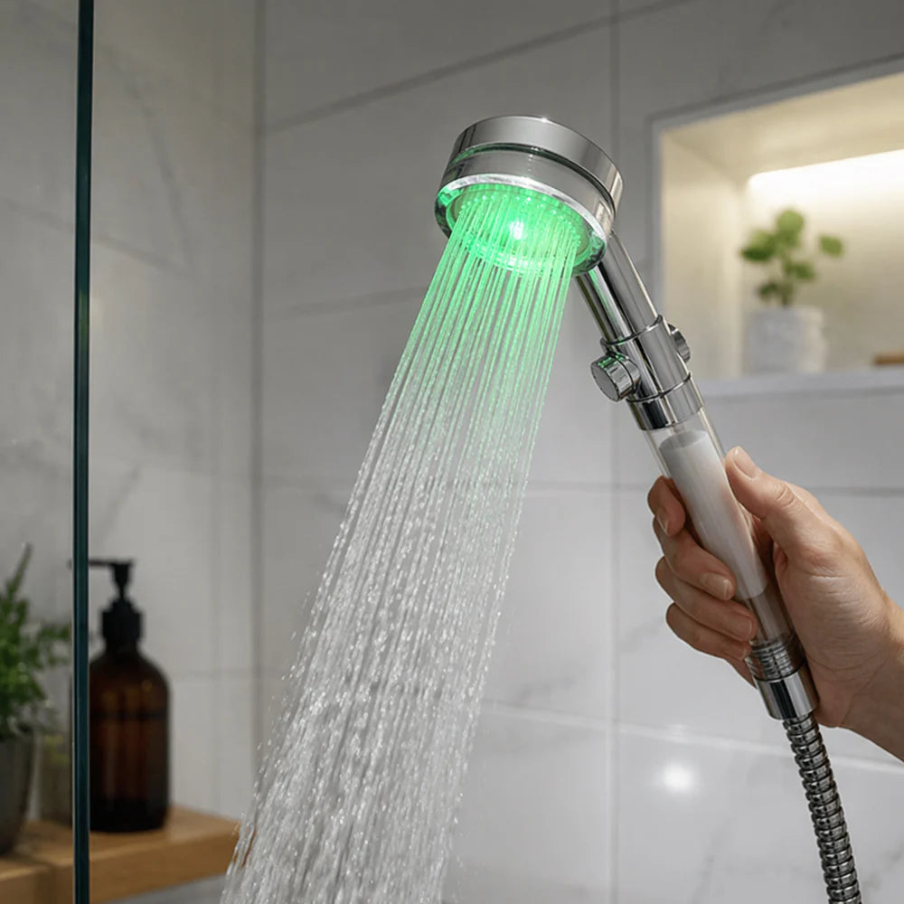 Vandbesparende bruse hoved med temperaturkontrol i farverig LED lys