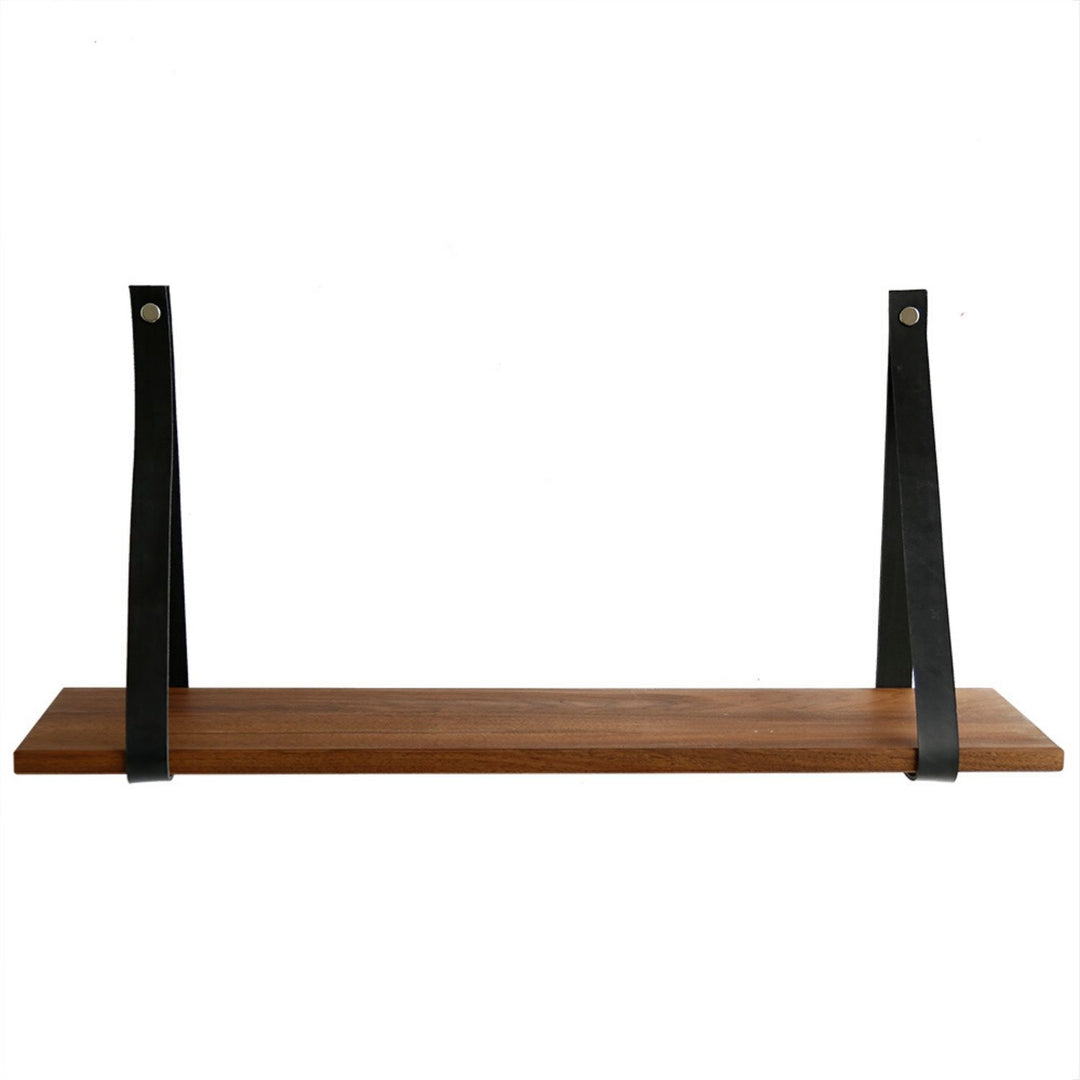 NocNoi Harre Vig væghylde massiv valnød træ og sort læder 75x20 cm