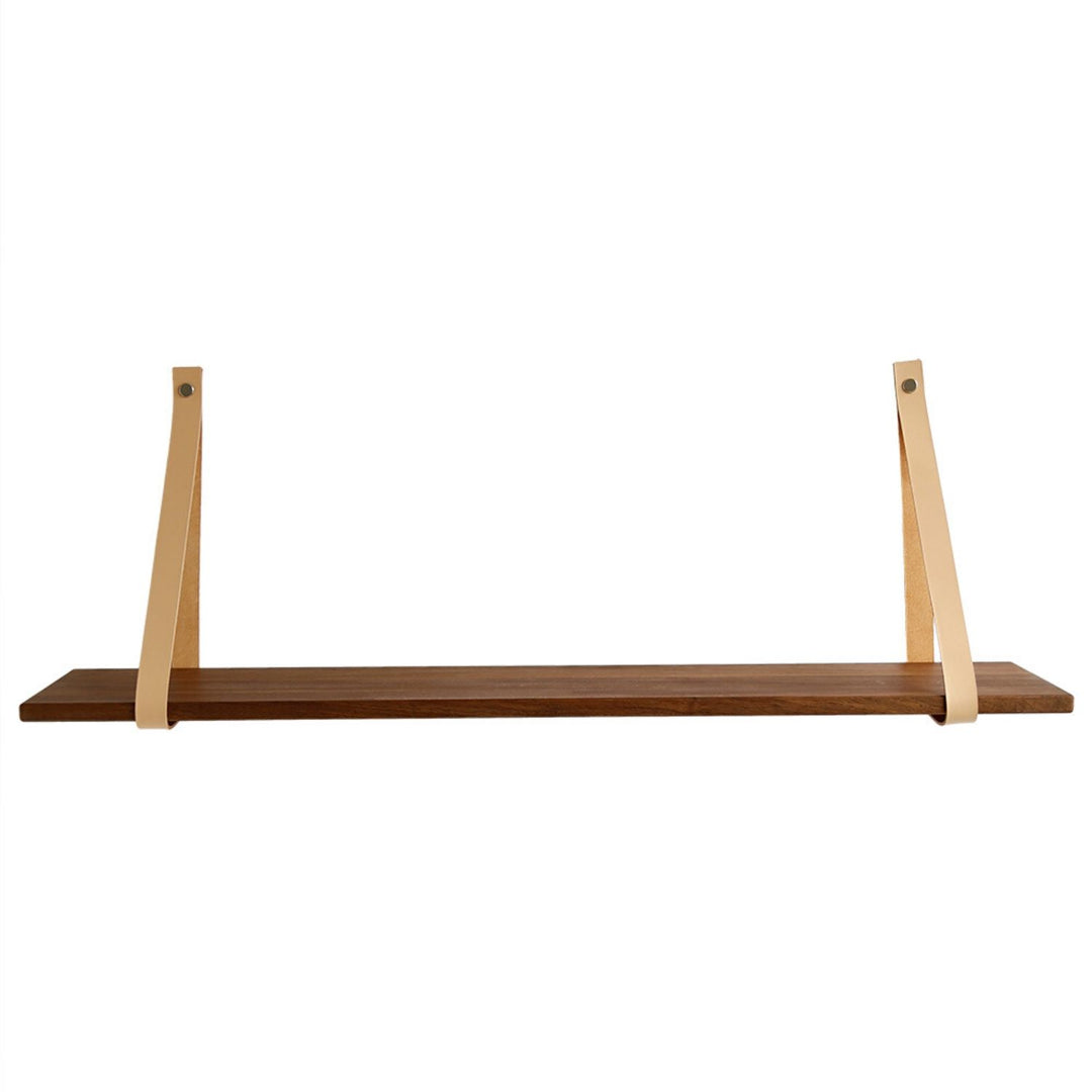 NocNoi Harre Vig væghylde massiv valnød træ og natur læder 75x20 cm