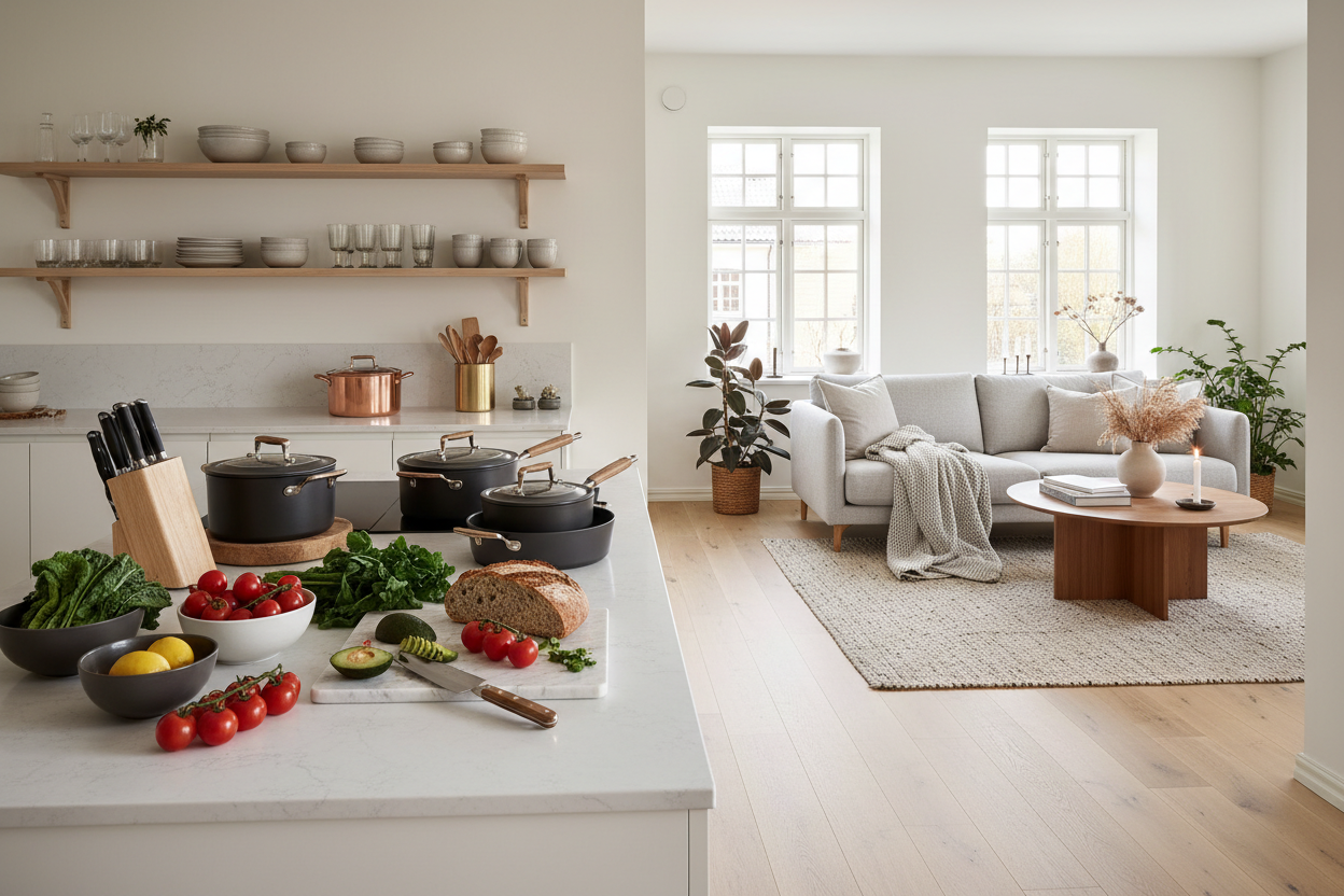 Bolig og køkken med masser af lækre produkter