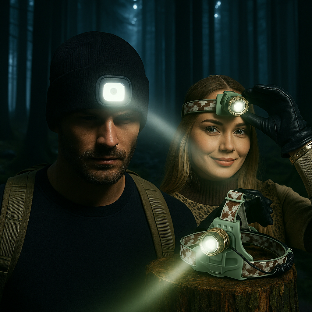 Produktbillede af Vinterlys-pakken Strikhue m. LED + Camouflage Pandelampe på tilbud