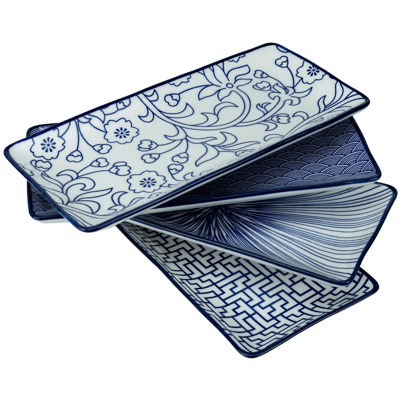 Mareld Mareld Akio rektangulær tallerken 25x12 cm, blå/hvid, 4 stk. – produktvisning (Tallerkener)