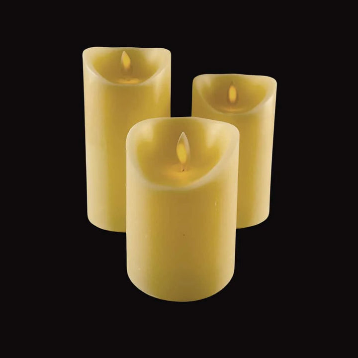 LED blok stearinlys 3 stk. 12/15/17 cm m/3D flamme (Flere farver) Cream hvid