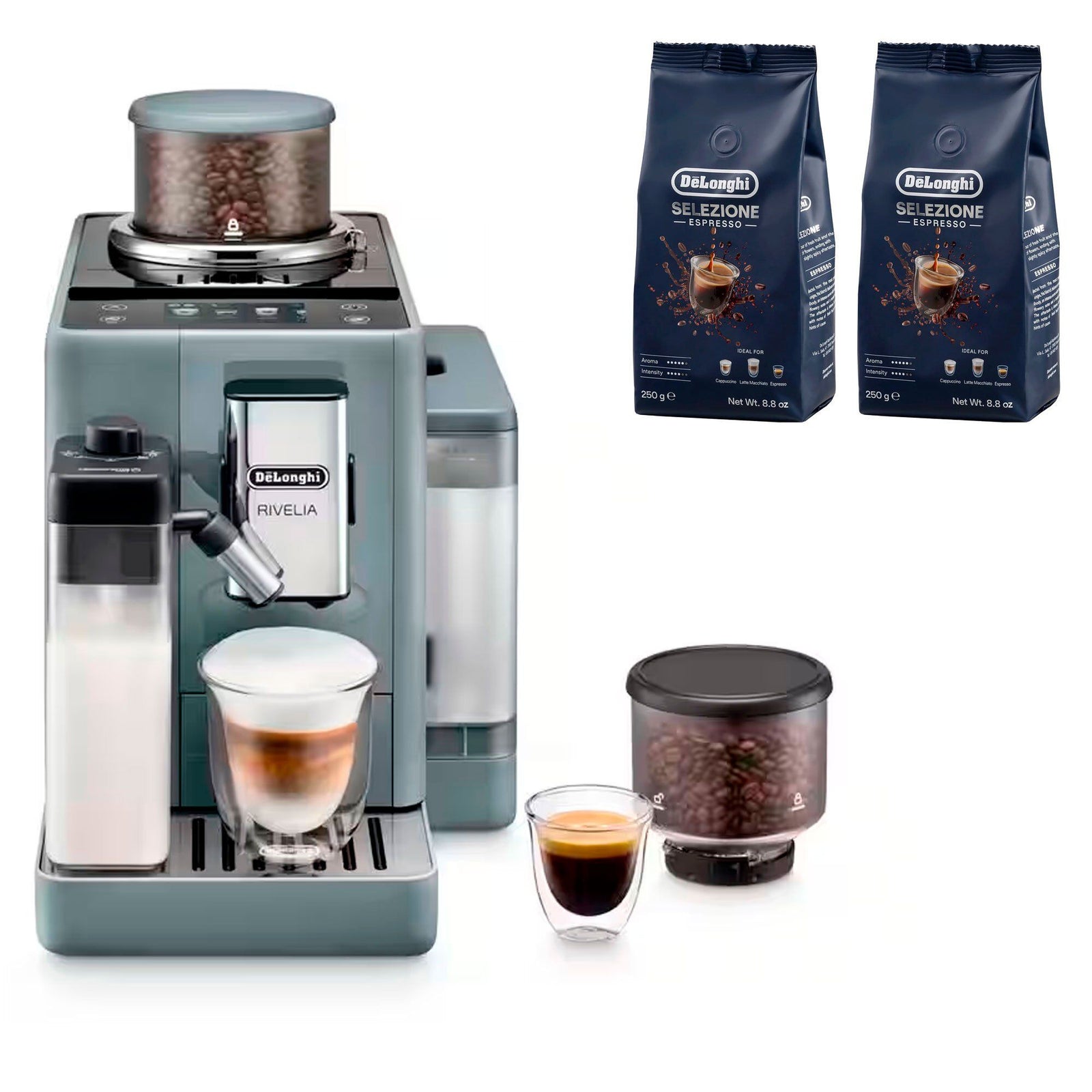 Delonghi Delonghi Rivelia Helautomatisk kaffemaskine, grå & 2 st kaffebønner DLSC600 – vinkelbillede (Espressomaskiner)
