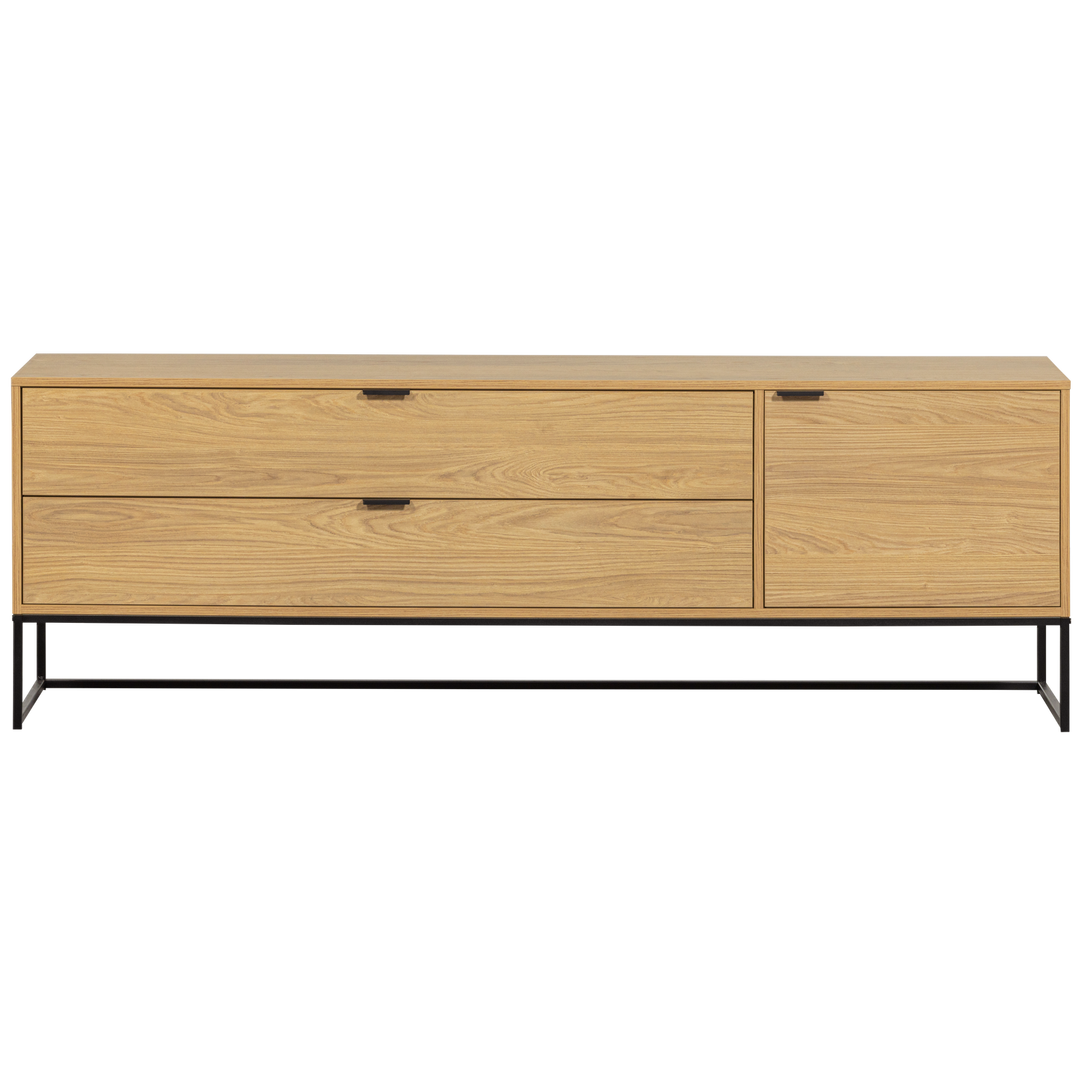 WOOOD Silas TV-bord m. 2 låger 1 låge 1 hylde 2 skuffer egetræ melamin og sort metal 180x44