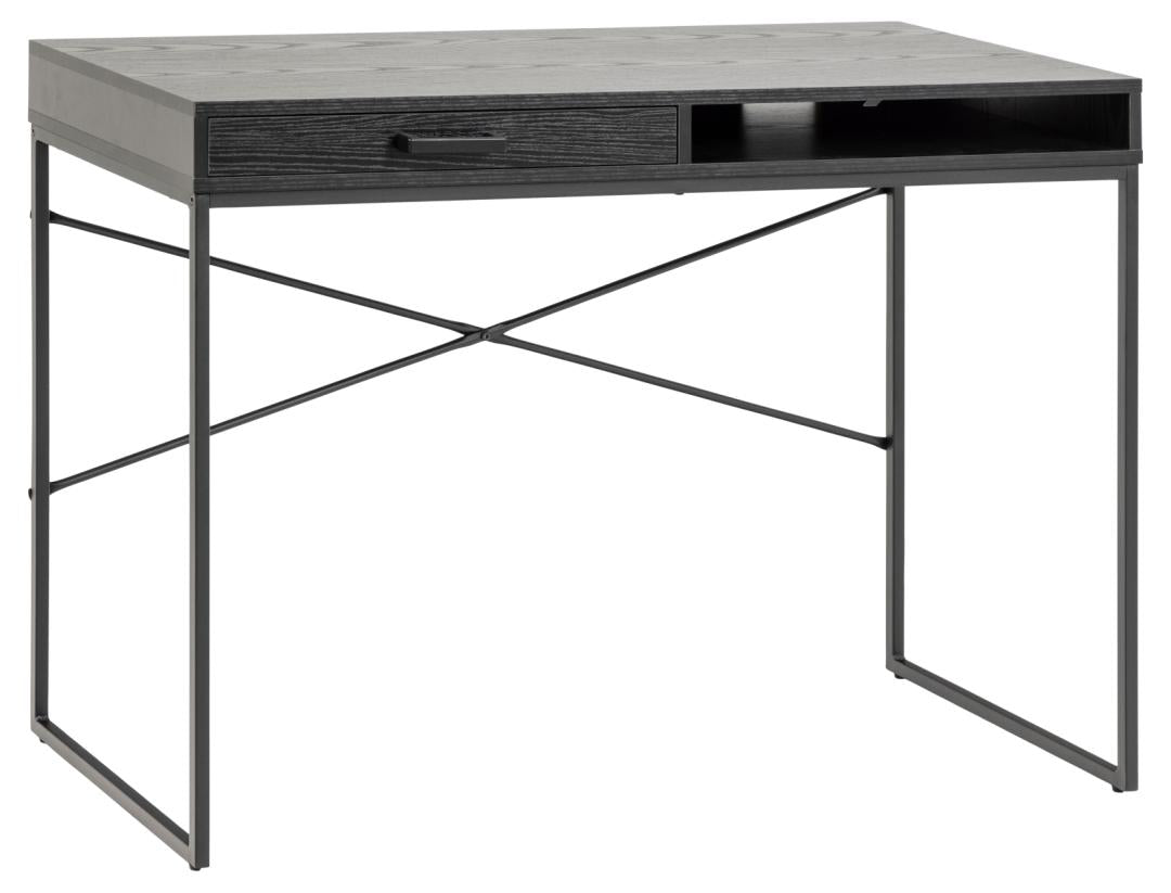 Produktbillede af ACT NORDIC Seaford skrivebord m. 1 hylde og 1 skuffe sort ask ru melamin og sort stål 110x45 i premium kvalitet