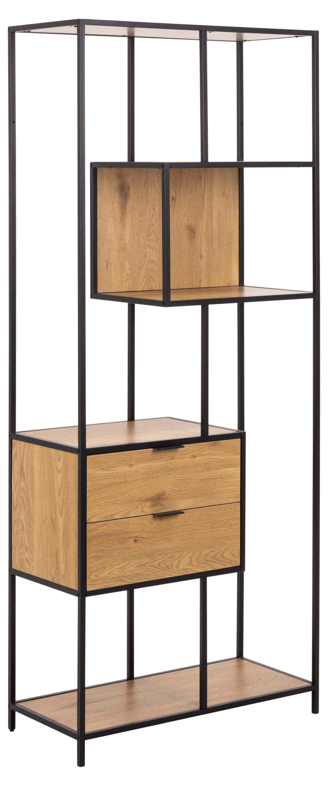 ACT NORDIC Seaford reol m. 4 hylder og 2 skuffer mat vild eg ru melam og sort ru stål 77x35x185