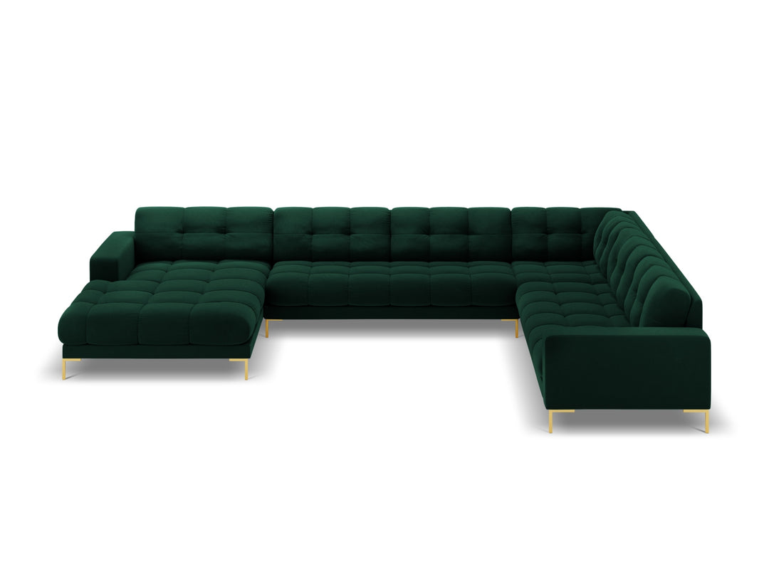 MICADONI Panoramisk Mamaia 7 pers. hjørnesofa højre flaske grøn fløjl stof og guld metal