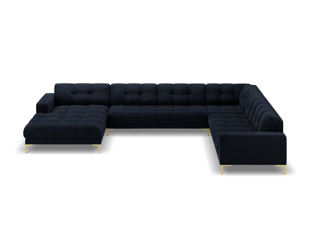 MICADONI Panoramisk Mamaia 7 pers. hjørnesofa højre mørkeblå fløjl stof og guld metal