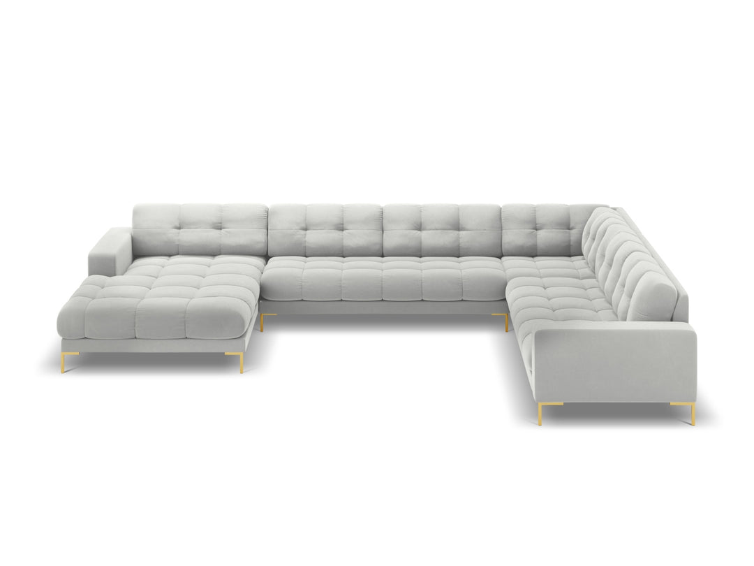 MICADONI Panoramisk Mamaia 7 pers. hjørnesofa højre sølv fløjl stof og guld metal