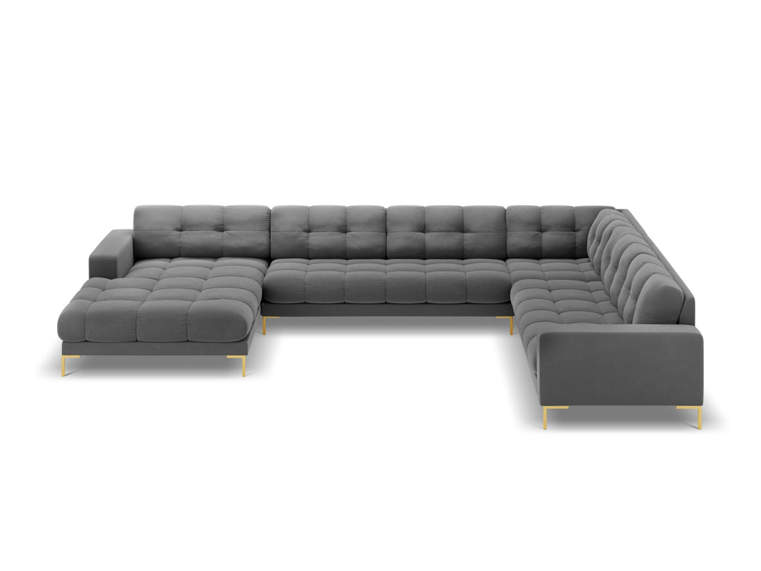 MICADONI Panoramisk Mamaia 7 pers. hjørnesofa højre lysegrå fløjl stof og guld metal