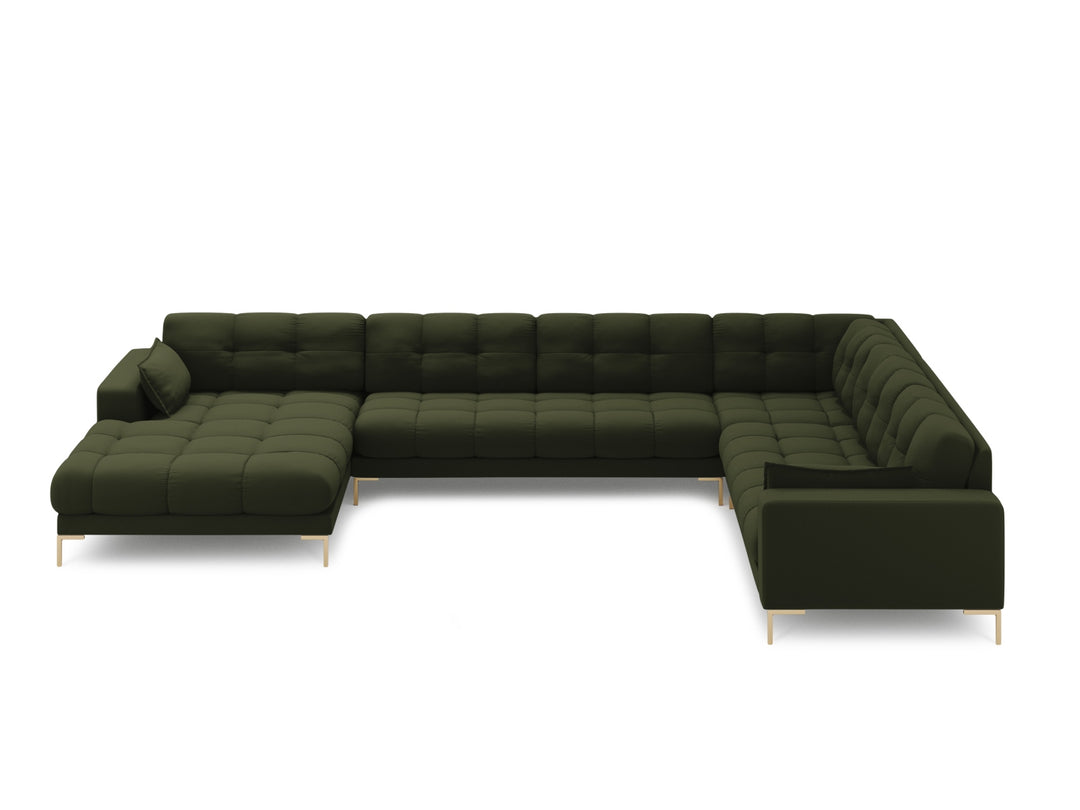 MICADONI Panoramisk Mamaia 7 pers. hjørnesofa højre grøn struktur stof og guld metal