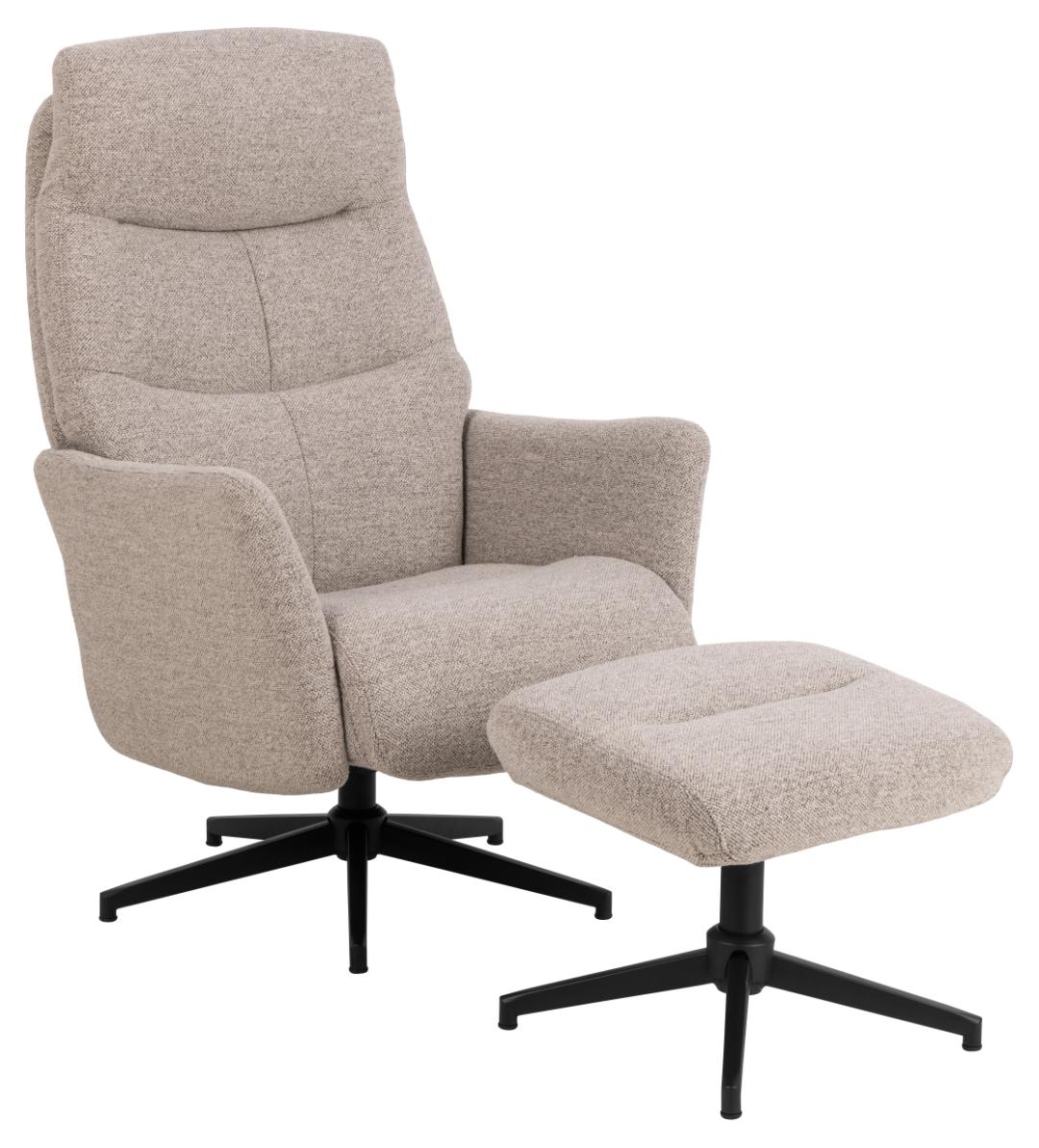 ACT NORDIC London manuel recliner m. fodskammel horisontal syning beige stof og mat sort stål