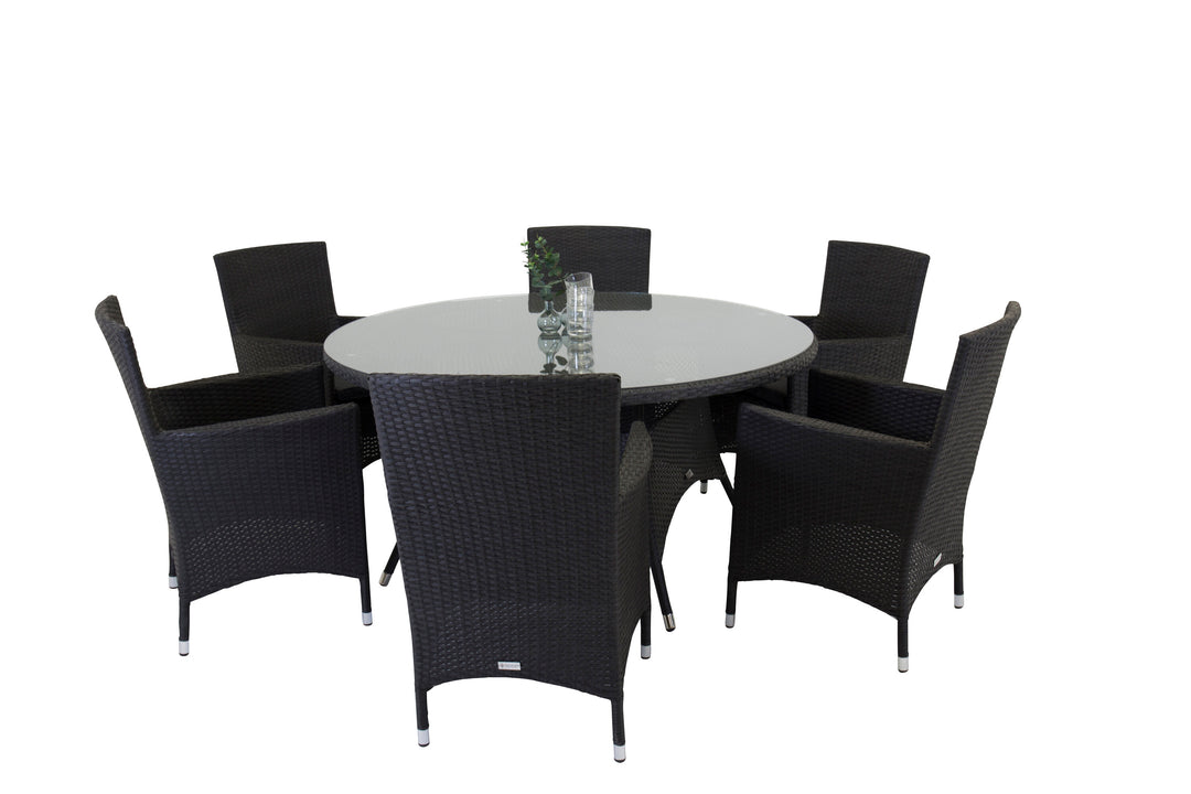 VENTURE DESIGN Malin havestol m. armlæn og grå stofhynde sort rattan og aluminium