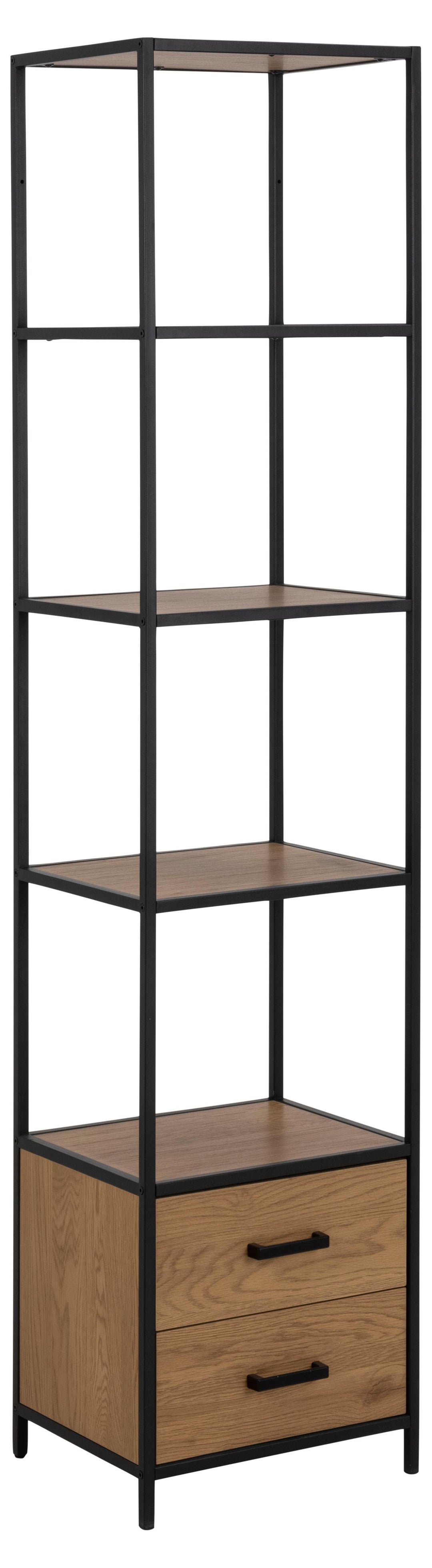 ACT NORDIC Seaford reol m. 3 hylder og 2 skuffer natur vild eg papir og sort metal H:185cm x42cm x 35cm
