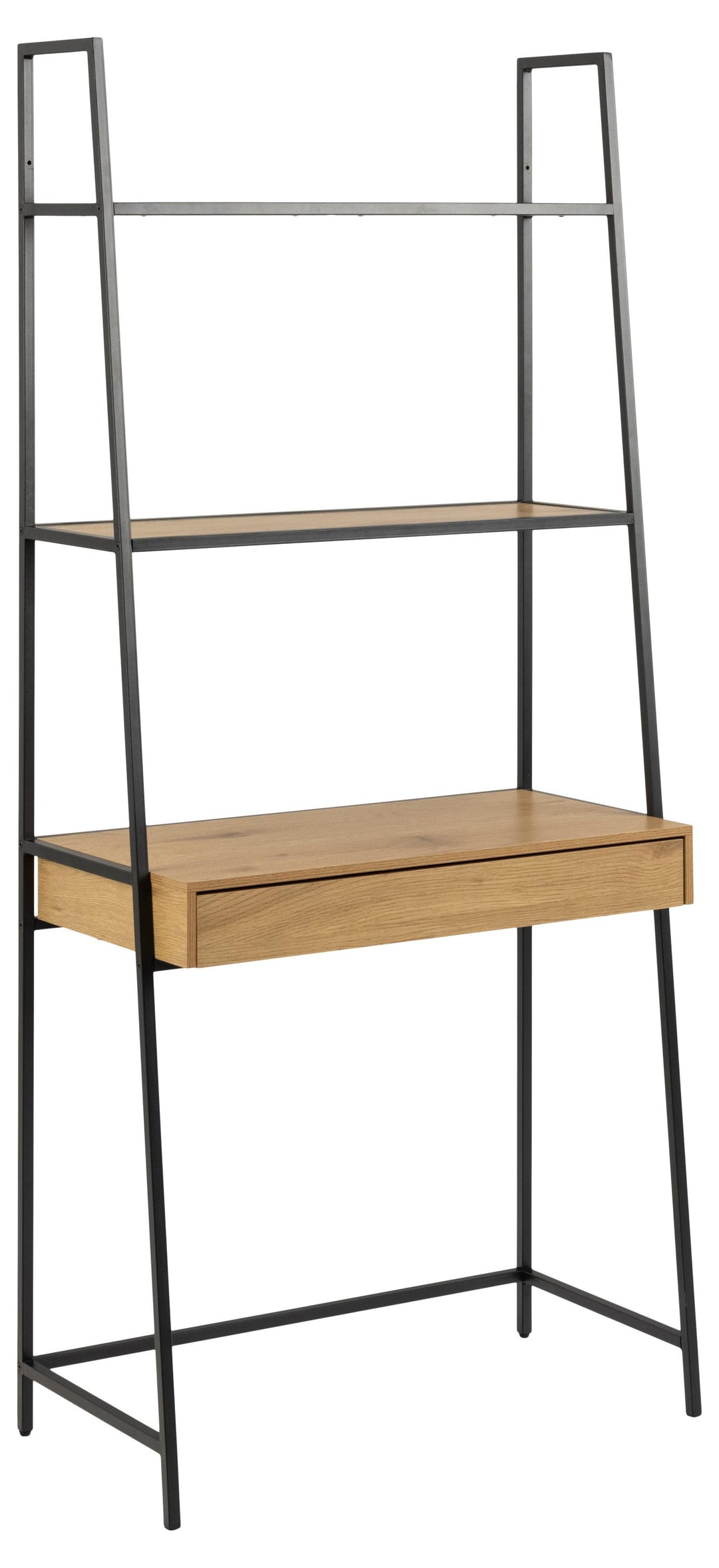 Produktbillede af ACT NORDIC Seaford reol m. 2 hylder 1 skuffe skrivebordsplade natur vild eg melamin sort metal H:174,5cm x77cm x 36cm i premium kvalitet