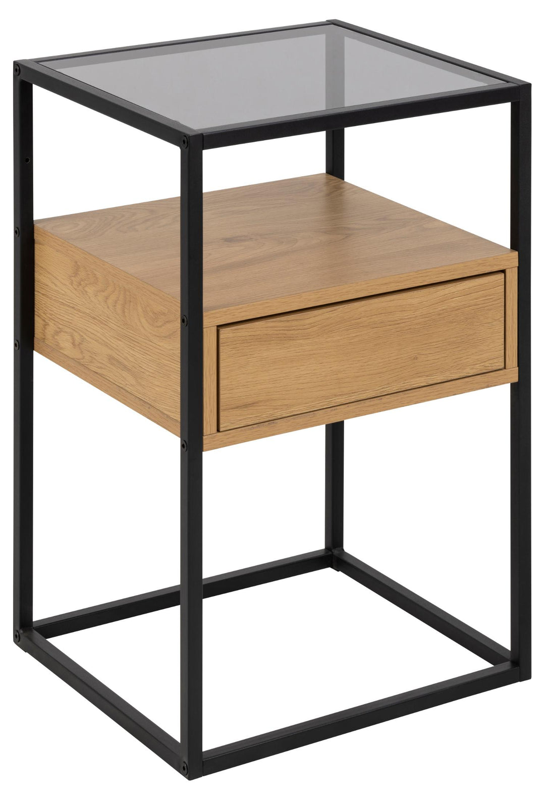 ACT NORDIC Randolf natbord m. 1 hylde og 1 skuffe røg glas natur melamin sort metal 40x35