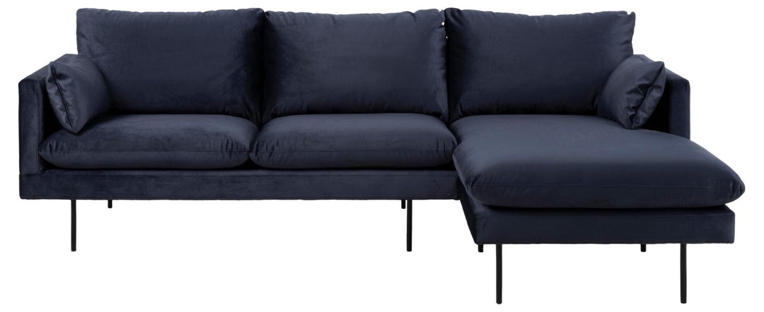 SOFAKONCEPT Cozy 2 pers. sofa m. højre chaiselong og 2 puder mørkeblå stof og sort metal