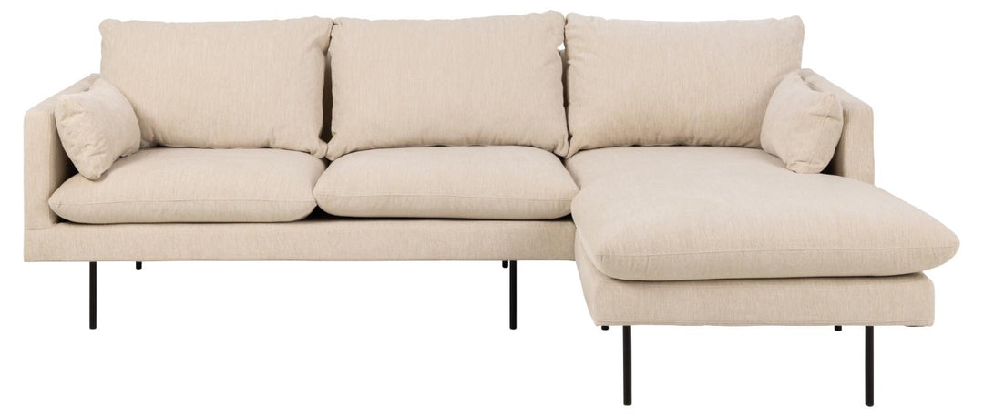 SOFAKONCEPT Cozy 2 pers. sofa m. højre chaiselong og 2 puder creme stof og sort metal