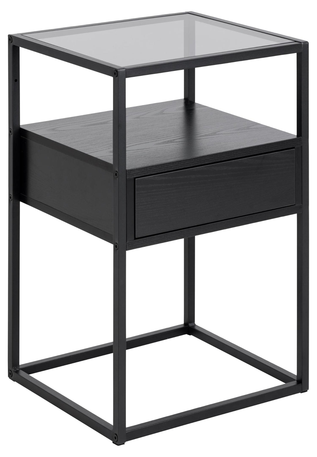 ACT NORDIC Randolf natbord m. 1 hylde og 1 skuffe røg glas sort ask melamin sort stål 40x35