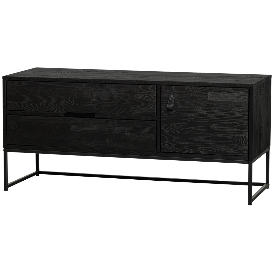 WOOOD Silas TV-bord m. 1 låge 1 hylde og 2 skuffer sort fyrretræ og sort metal 120x44