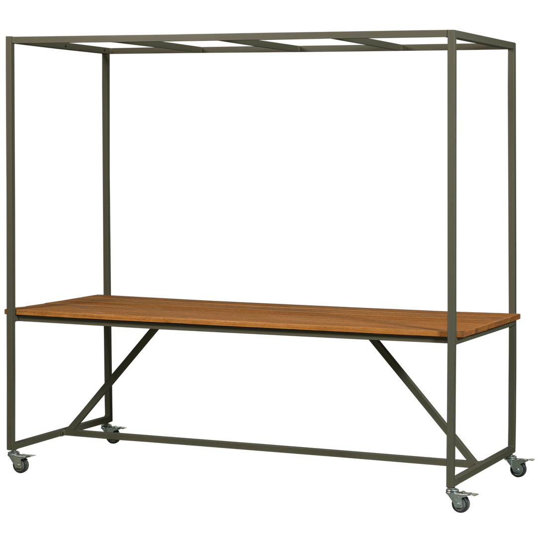 WOOOD Blue Sky havebord m. deko-ramme og hjul eucalyptustræ og grøn metal H:200xB:220xD:97