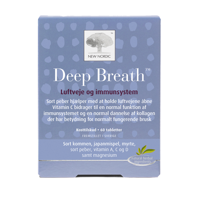 Stort online udvalg i New Nordic Deep Breath 60 tabletter ❤ New Nordic ❤ Hurtig levering: 1 - 2 Hverdage og gratis fragt v/køb over 295 kr. GLS til pakkeshop ❤ Varenummer: HG-45450 og barcode / Ean: 5021807454501 på lager - Kæmpe udvalg i Kosttilskud - Over 454 design brands på udsalg
