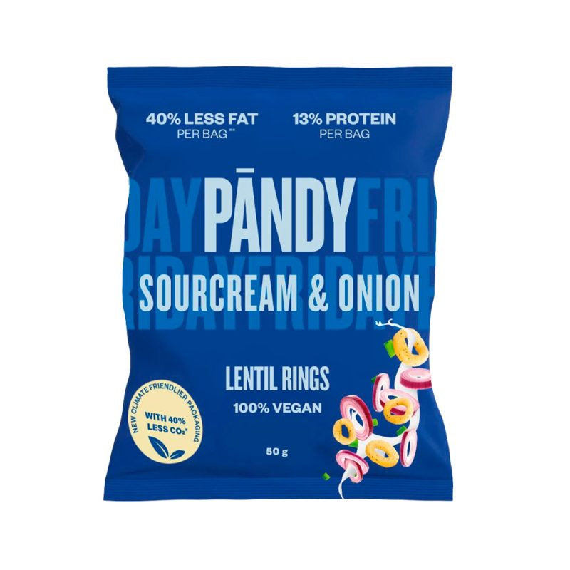 Detaljeret produktbillede af Pandy Sukkerfri Sourcream & Onion Lentil rings 50g. på tilbud