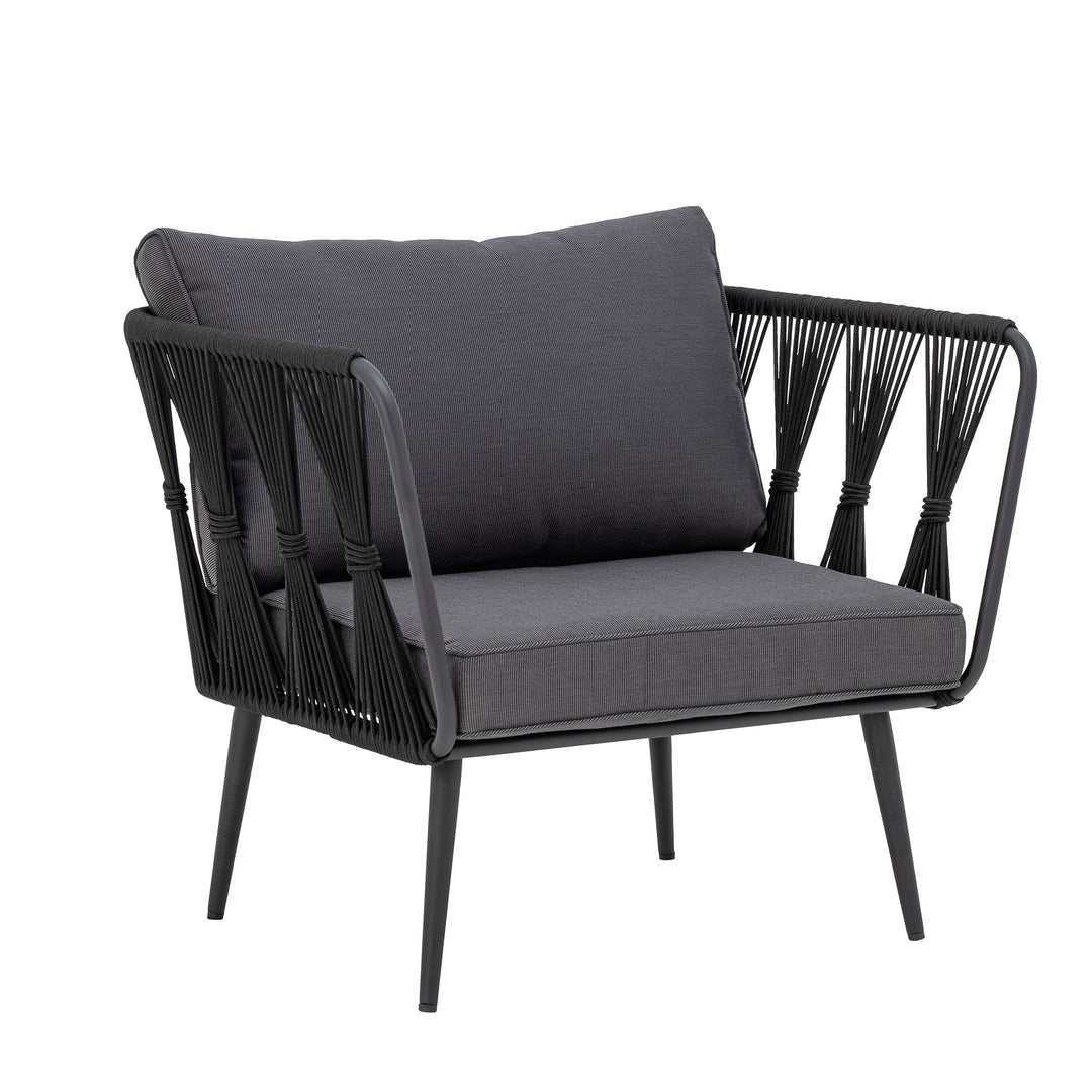 Produktbillede af BLOOMINGVILLE Pavone loungestol m. armlæn og puder sort polyesterreb og sort metal i premium kvalitet