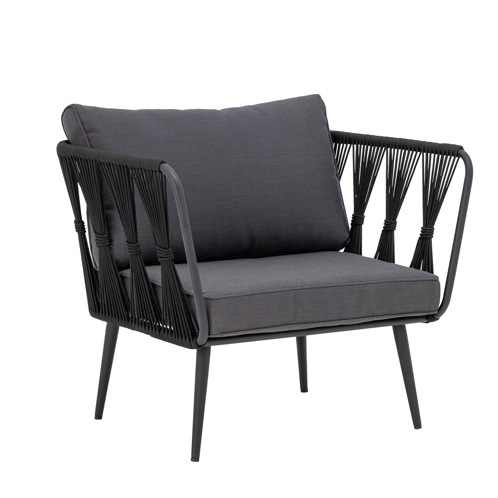 Produktbillede af BLOOMINGVILLE Pavone loungestol m. armlæn og puder sort polyesterreb og sort metal i premium kvalitet