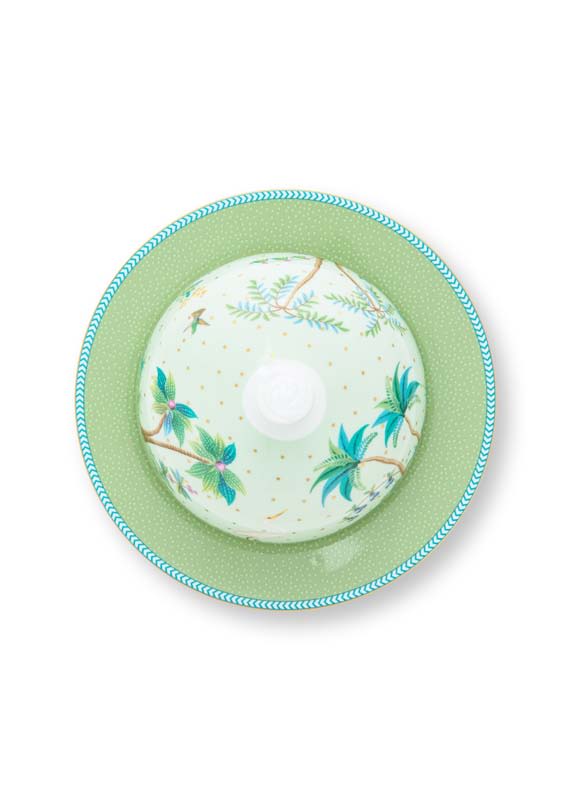 Produktbillede af Butter Dish Round Jolie Gold Dots Green 17x8cm på tilbud i høj kvalitet