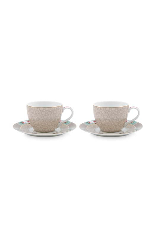 Produktbillede af Set/2 Espresso Cups & Saucers Blushing Birds Khaki 120ml på tilbud i høj kvalitet