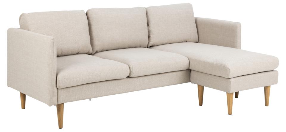 Produktbillede af ACT NORDIC Milly 2 pers. sofa med chaiselong vendbar beige stof og natur gummitræ i premium kvalitet