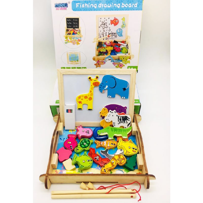 Produktbillede af Magnetisk fiskesø m/kridttavle & whiteboard (dobbeltsidet) med figurer i træ på tilbud
