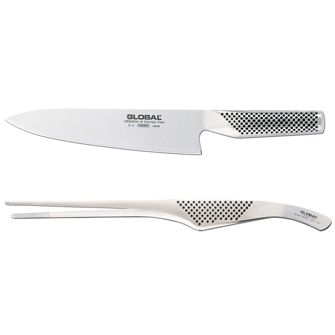 Global Global Knivsæt 2-deles, G-2 kokkekniv + GS-28 madpincet – billede i brug (Knivsæt)