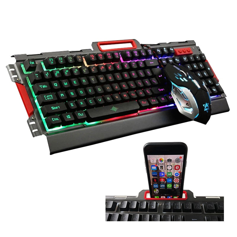 Produktbillede af Køb Gaming LED tastatur m/mobilholder + LED mus (metal design og vandtæt) på tilbud