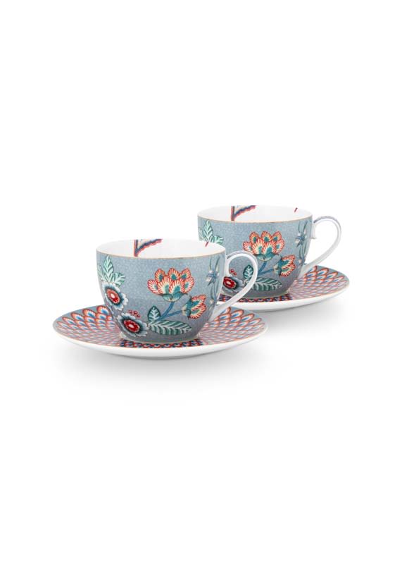 Produktbillede af Set/2 Cups & Saucers Flower Festival Light Blue 280ml på tilbud i høj kvalitet